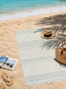 100% Cotton Turkish Beach Towel - Striped Peshtemal With Tassels- Quick-Dry & Soft Boho Beach Blanket - Pastel Green - View 7
