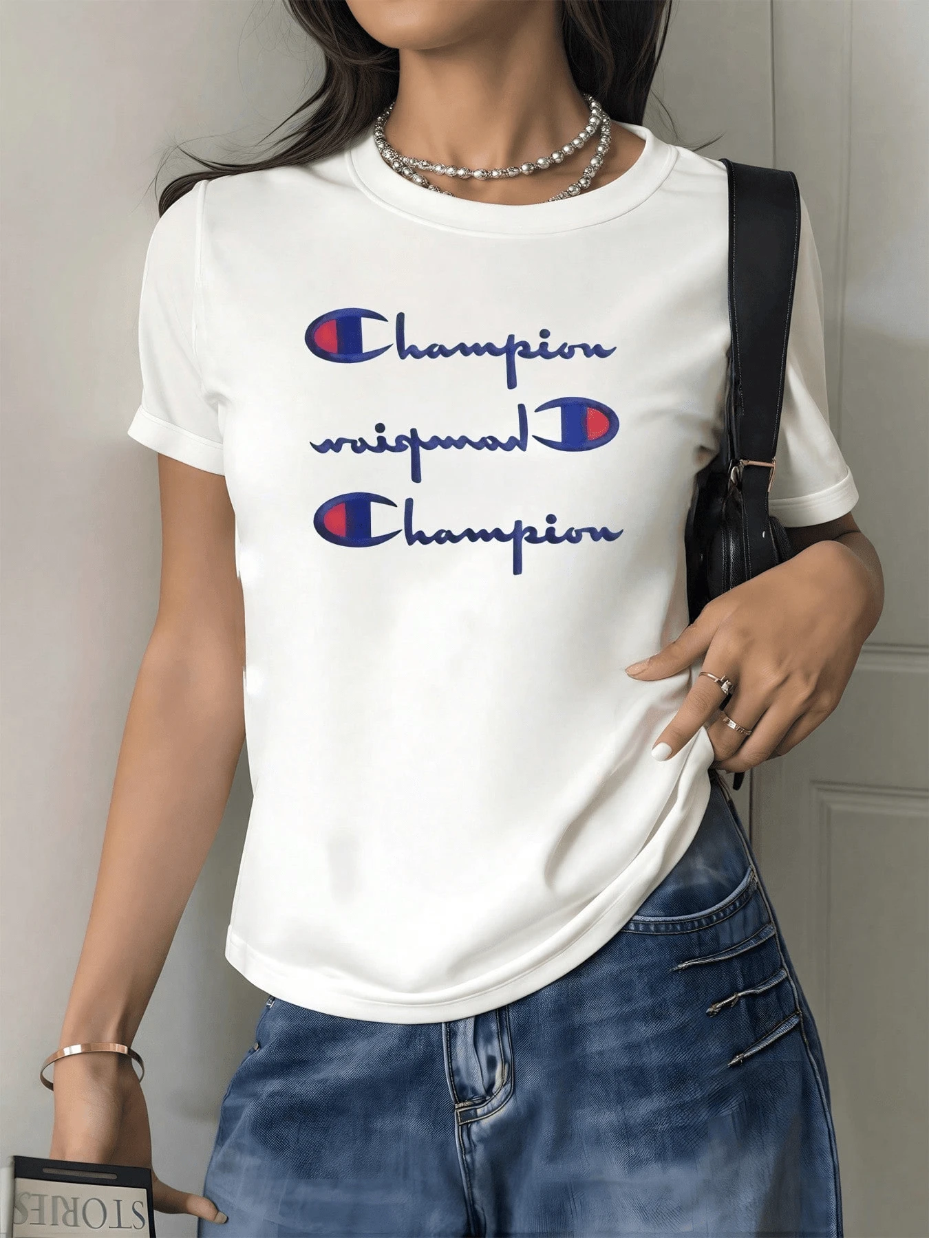 Three Blue Symbols With Red Details Evoke Energy, Strength, And Confidence, Representing Self-Improvement And A Winning Spirit. A Modern, Casual Women's T-Shirt For Comfortable And Attractive Everyday Wear. - 白色 - 查看 1