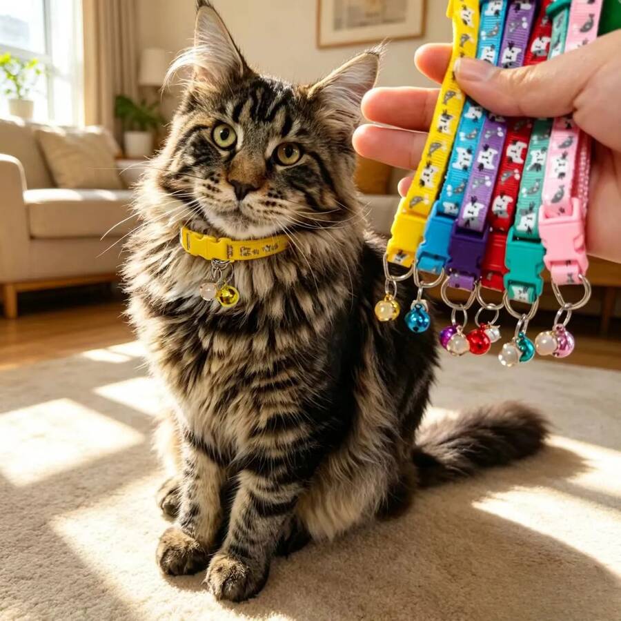 1pc Upgraded Cat/Dog Collar With Cat Pattern And (Small Bell + Round Bead Twist Pendant) - Soft & Comfortable, Adjustable Size, Available In Multiple Vibrant Colors (Pink, Yellow, Green, Red, Blue, Purple) - Ideal Pet Gift For Cats And Dogs - Multicolor - View 1