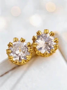 Bông tai đính đá Zirconia tròn hình vương miện, trang sức tai tối giản màu bạc lấp lánh. - Bông tai - Xem 2