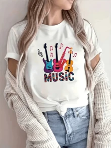 Colorful Guitars With Musical Notes Symbolizing The Joy Of Art And The Passion Of Sound, Accompanied By The Word MUSIC In Decorated Letters, A Comfortable Casual Women's T-Shirt For Music Lovers - 白色 - 查看 1