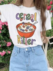 Tazón de cereal colorido con letras divertidas que evocan humor y energía juvenil ideal para quienes aman un toque sarcástico y alegre camiseta de mujer casual divertida para uso diario - Blanco - Ver 6