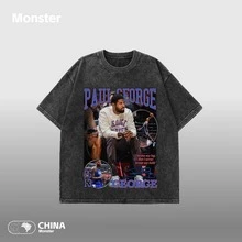 American-Style Short-Sleeved Sports T-Shirt With Paul George Clippers Print, Retro, Loose, Casual, Modern, Hip-Hop Style, Vintage. - 白色 - 查看 4