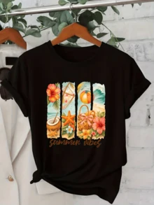 Tropical Flowers With Seashells, Palm Trees, Ocean Waves, Coconuts, And A Beach Basket Evoke The Spirit Of A Relaxing And Cheerful Summer. Comfortable And Cool White Casual Women's T-Shirt - 黑色 - 查看 8