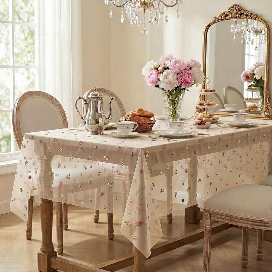 Champagne Embroidery Floral Spring Summer Gauze Tablecloth 57*78.7 Inch Rectangular, Wildflower Seasonal Tulle Table Cover, Garden Party Decor For Wedding, Party, Holiday Dining - Champagne - View 1