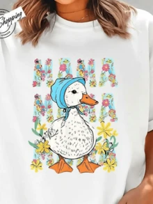 A Duck With A Blue Bandana Surrounded By Colorful Flowers Symbolizes Tenderness And Springtime Joy. With Decorative Lettering And Vibrant Colors, This Women's T-Shirt Is Casual, Modern, Comfortable, And Charming. - 白色 - 查看 6
