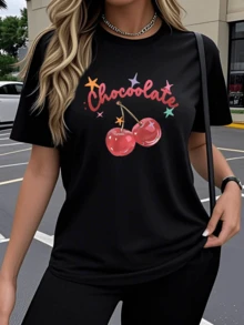 Two Bright Red Cherries Accompanied By Colorful Stars And The Word Chocolate Evoke Delicious Joy And Positive Energy. Modern, Casual, Comfortable Women's T-Shirt For Everyday Wear - 黑色 - 查看 6