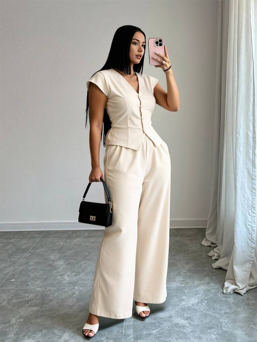 Nes Sport set de chaleco y pantalón de traje elegante sin mangas para mujer, atuendo de oficina/negocios, verano - Beis - Ver 1