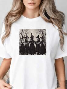 Five Women Wearing Witch Hats United In A Forest Symbolizing Feminine Strength And Shared Magic. Comfortable, Modern, Casual Women's T-Shirt For Everyday Wear. - 白色 - 查看 8