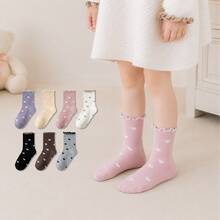 7 Pairs Toddler Girls Heart Print Crew Socks, Cute Ruffle Trim Mid Calf Socks, Soft Breathable Neutral Colors Socks For Kids Girls Daily Wear - Multicolor - View 4