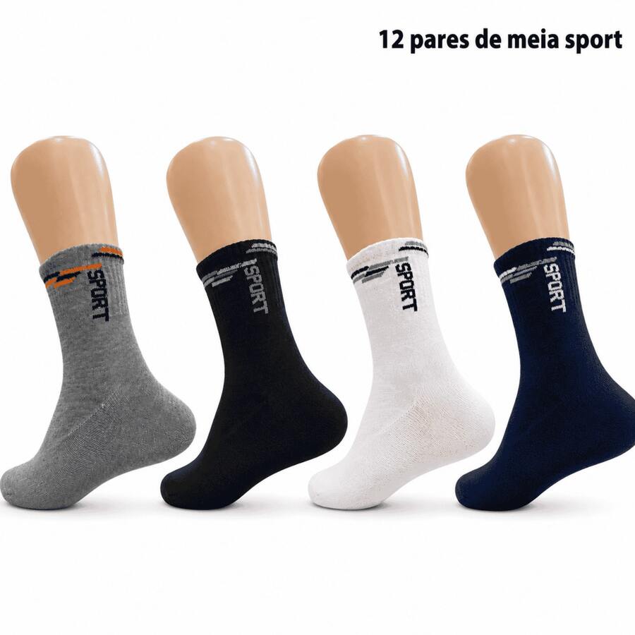 Kit 12 Pares Meias  Cano Longo Alto Esportiva - Multicolorido - Visão 1