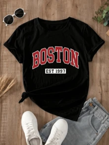 Graphic Letter T-Shirt, Graphic Tees For Women - 黑色 - 查看 10