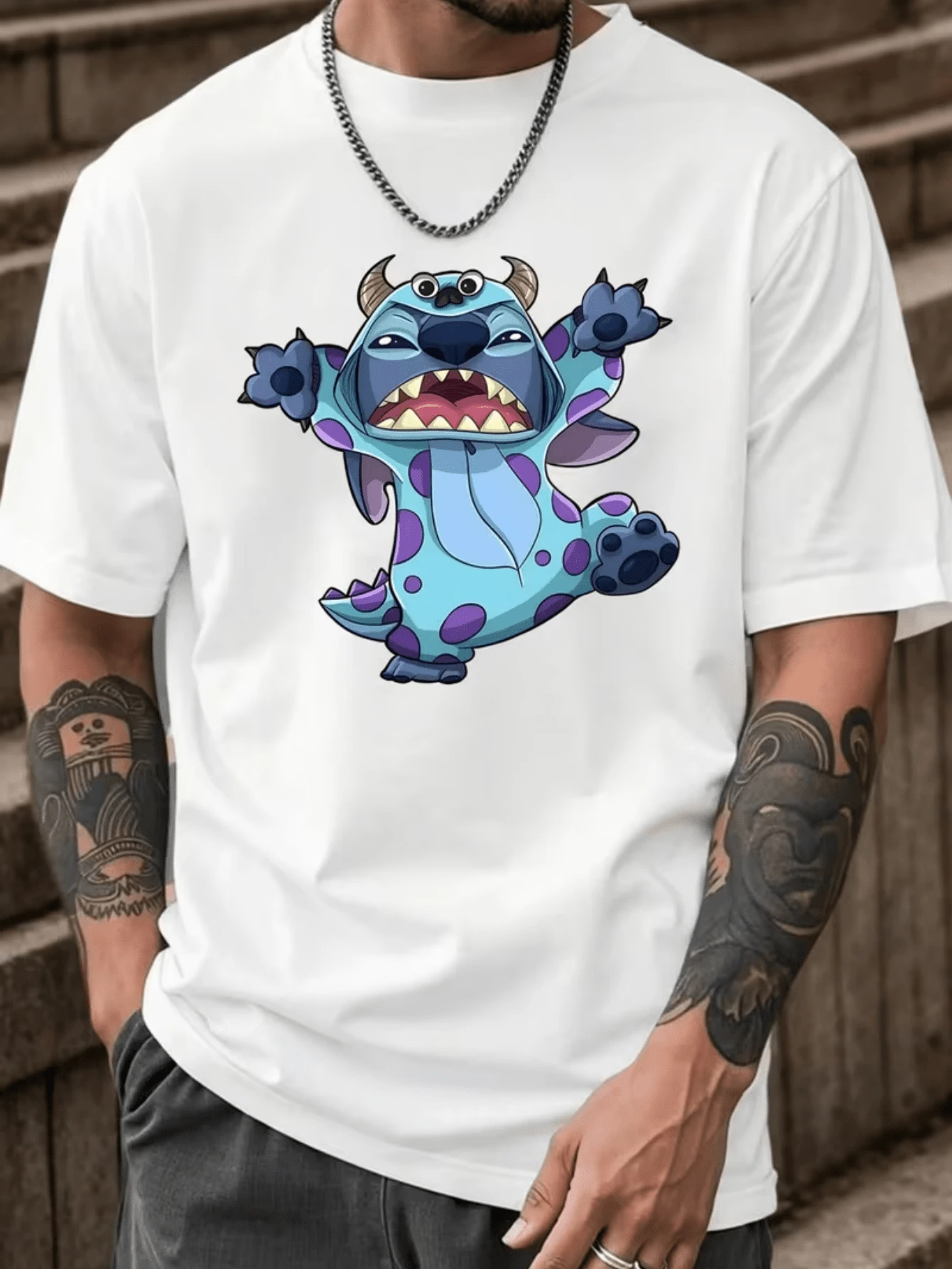 (Disney Licensed)Disney Lilo & Stitch Men's 100% Cotton Oversized Graphic T-Shirt, Stitch In Monsters Inc. Sulley Costume Print Crew Neck Short Sleeve Casual Streetwear Tee, Funny Crossover Stitch Pure Cotton Summer Top, Mens Clothes, Men, Ropa De Hombre, Summer Clothes, Men Shirts, Graphic Tees, Disney Outfits Men, Graphic Tees, Camisetas Para Hombre, Camisas Para Hombre, Summer Outfits For Men, Father's Day Gift, Perfect Gift For Family And Friends, Which Are Necessary For Birthday Parties, Disney Shirts, Mens Clothes, Summer Clothes, Officially Licensed Disney T-Shirts, Disney Men's And Women's Spring/Summer Fashion Casual Short-Sleeve T-Shirts - trắng - Xem 1