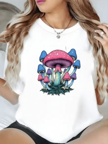 A Group Of Colorful Mushrooms Evokes A Magical And Natural World With Pink, Blue, And Green Tones That Symbolize Vital Energy And Connection With The Earth. A Comfortable, Casual Women's T-Shirt For Everyday Wear. - 白色 - 查看 6