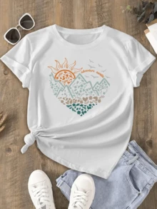 Sol brillante sobre montañas verdes simboliza energía naturaleza y libertad con pájaros en vuelo y mensaje positivo que invita a explorar nuevos horizontes camiseta de mujer casual cómoda ideal para aventuras y días soleados - Blanco - Ver 6