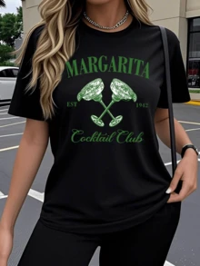 Crossed Green Glasses With The Word Margarita Symbolize The Joy Of Gatherings With Friends And The Festive Spirit Of Cocktails. Modern, Comfortable Women's T-Shirt For Casual Summer Wear. - 黑色 - 查看 6
