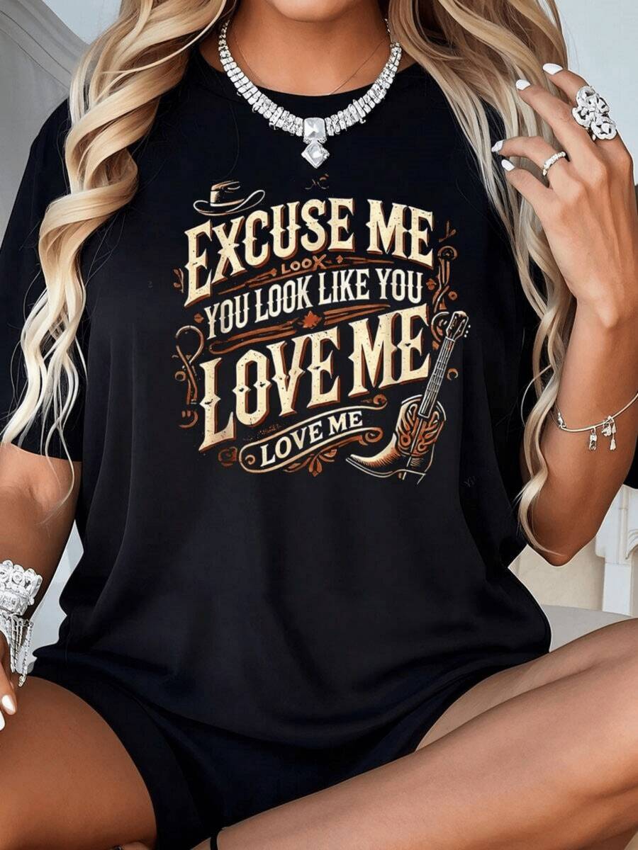 A Phrase Inspired By The Charm Of Self-Love And Confidence, Reflected In Vintage Lettering With Hat And Boot Details That Evoke Positive Energy. A Modern, Casual, Comfortable Women's T-Shirt For Everyday Wear. - 黑色 - 查看 1