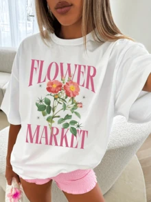 Flores rosadas vibrantes que evocan la frescura de un mercado lleno de vida y naturaleza reflejan alegría y energía positiva camiseta de mujer casual moderna para uso diario - Blanco - Ver 6