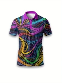 Colorful Abstract Swirl Pattern Symbolizing Energy And Freedom With Dynamic Lines In Vibrant Shades 3D Printed POLO Shirt For Men Casual Short Sleeve Summer Wear - Multicolor - View 3