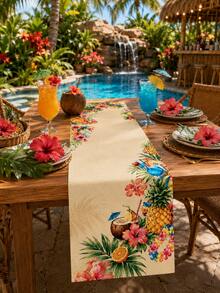 1pc-Hawaiian Pool Party Table Runner, Hibiscus Print Linen Table Runner, Suitable For Summer Luo Parties, Tiki Parties, Beach Weddings, Dining Tables, Coffee Tables, Indoor And Outdoor Party Supplies. - Multicolor - View 9