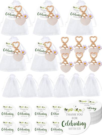 15/3pcs Faux Pearl Heart Flower Keychain Set, Includes Keychain, Round Card, White Bag, Appreciation Small Gift, Wedding Table Decor, Bridesmaid Gift, Anniversary Gift, Bridal Shower Favor, Backpack Charm, Suitable For Bridesmaids, Engagement Decoration, Also Suitable As Back To School, Holiday Or Anniversary Gift