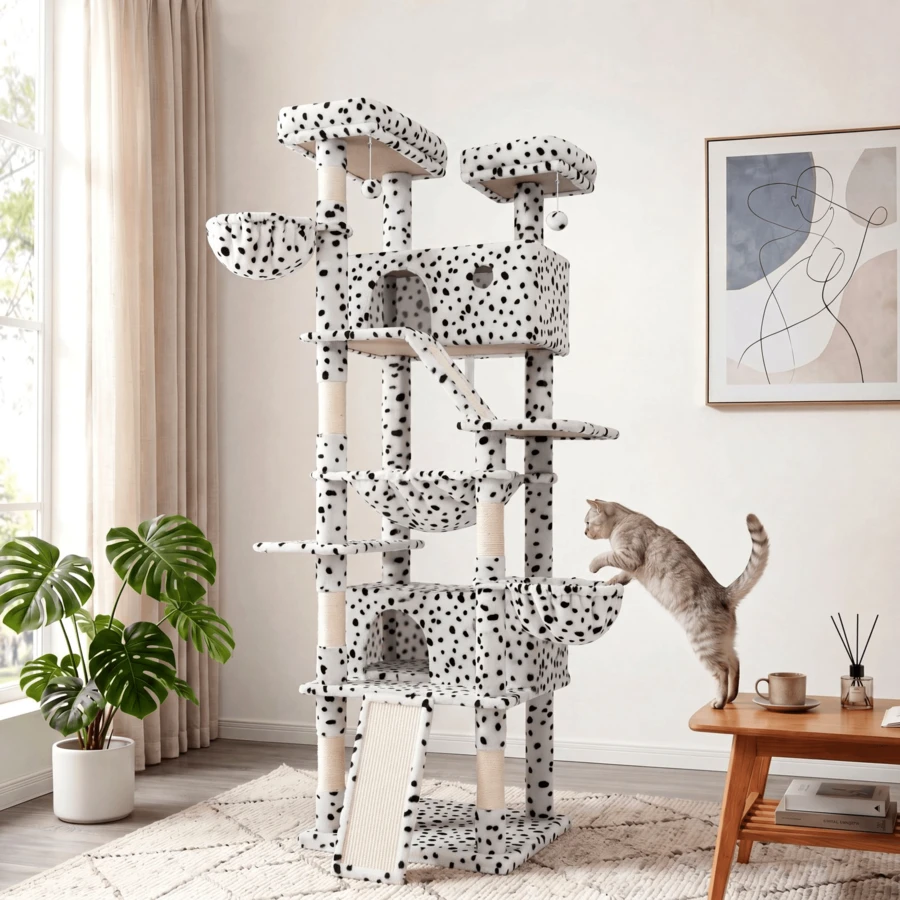 HOOMIC 81-Inch Large Cat Tree Tower For Indoor Cats, Multi-Level Cat Condo With Plush Perches, Sisal Scratching Posts, Cozy Basket, Dangling Pom-Pom Toys & Wide Stable Base, Platform Stabilizer, White With Black Spots - Black and White - View 1