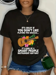 A Ukulele Surrounded By Tropical Flowers Symbolizes Joy And A Love For Music, Inspiring Confidence And Creativity. This Women's T-Shirt Features A Fun Message And A Casual Touch, Perfect For Everyday Wear. - 黑色 - 查看 6