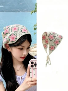 Bohemian Handmade Floral Woven Long Headband, Suitable For Daily Wear And Spring Outings, Valentine's Day Headband, Autumn/Winter Headband, Elegant Scarf For Women's Holiday Outfit - Pink Flowers - View 2