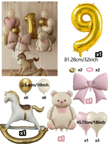 24pcs Wooden Horse, Beige Bear, Pink Bow, Gold Numbers (0-9), Colorful Heart Foil Balloons Set, Suitable For Anniversary, Birthday Party Decoration, Shower, Room Background Decor - Trojan Horse + Golden Number Set - View 7