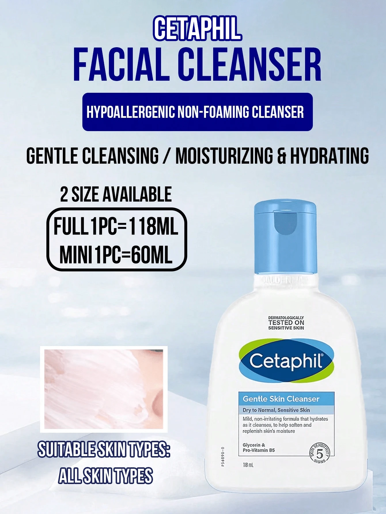 Cetaphil Sữa rửa mặt dịu nhẹ 118ml/60ml, kích thước du lịch, phù hợp cho da nhạy cảm, đã được kiểm nghiệm da liễu, công thức dịu nhẹ không gây kích ứng, làm sạch và cấp ẩm, giúp làm mềm và dưỡng ẩm cho da. - Sữa rửa mặt dịu nhẹ Cetaphil - Xem 1