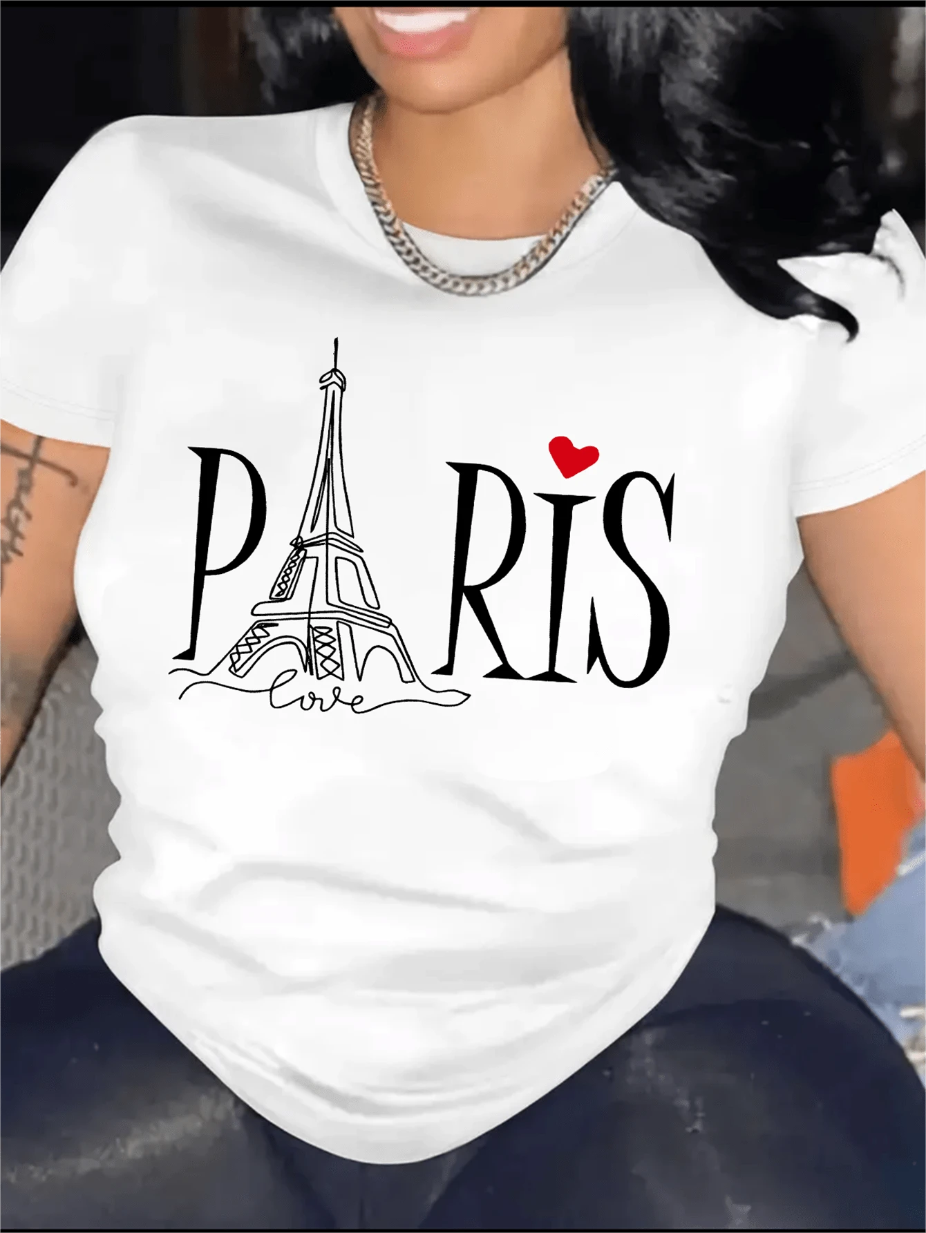 1 Women's Casual Short Sleeve T-Shirt, Decorated With A Paris Theme And Eiffel Tower Design, Stylish Round Neck Sports T-Shirt, 180g 100% Cotton. - 白色 - 查看 1