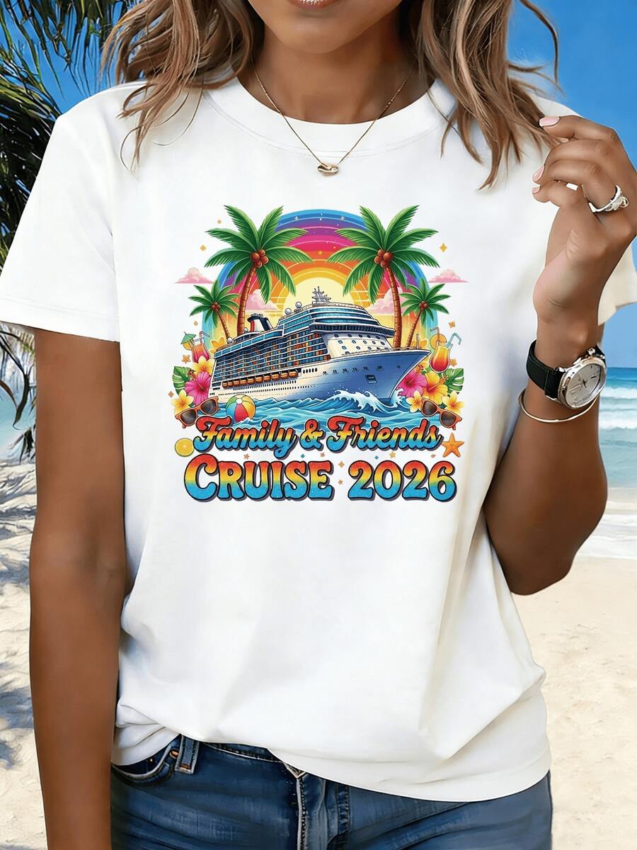 A Cruise Ship Surrounded By Palm Trees And Tropical Drinks Evokes Joy And Togetherness With Friends And Family Under The Sun, Showcasing An Adventurous, Vacation-Like, And Fun Spirit. A Modern, Casual Women's T-Shirt For Summer Beach. - 白色 - 查看 1