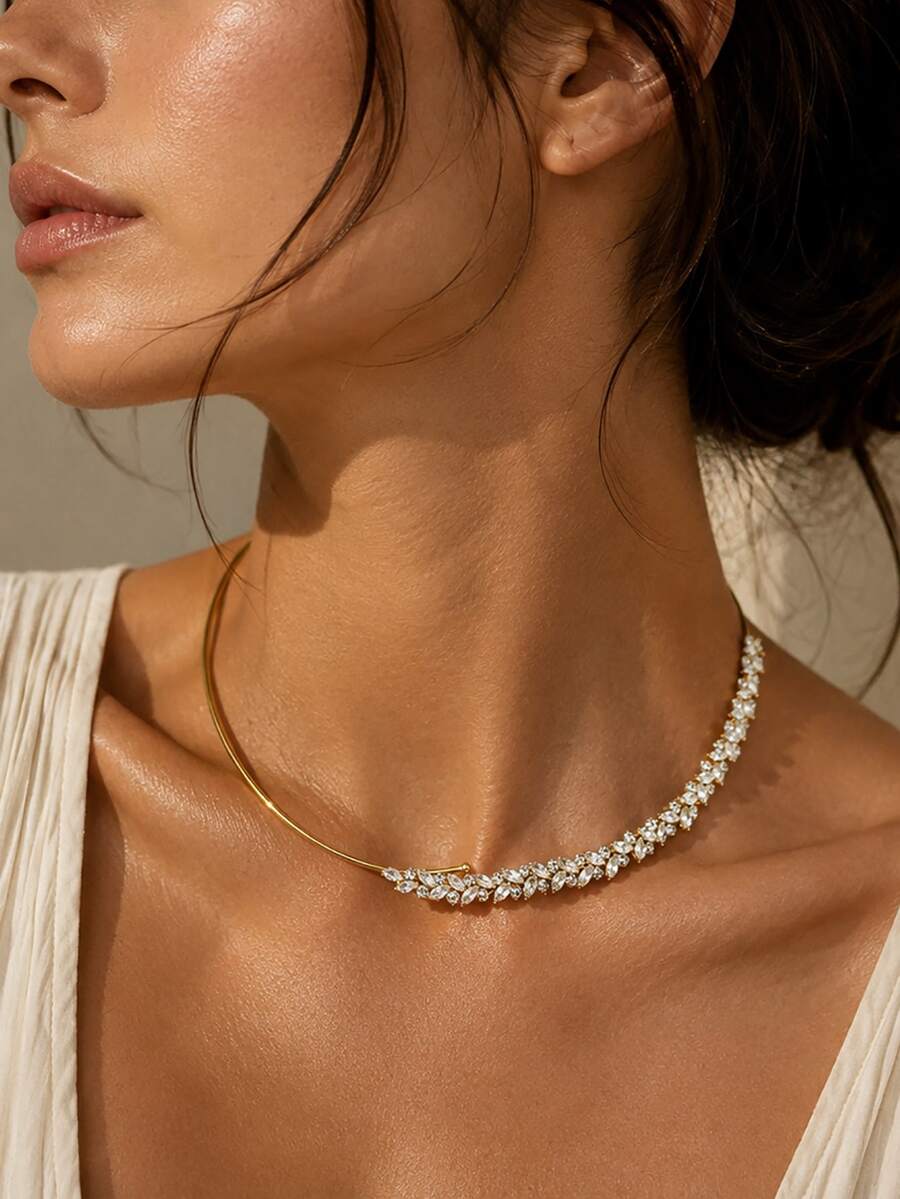 1 pieza Nuevo collar con colgante de hoja, cadena de clavícula de circonita cúbica minimalista, collar versátil con colgante floral para mujeres - Dorado - Ver 1