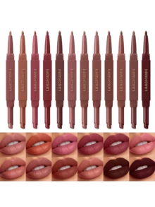 LANGMANNI Juego de 12 colores de lápiz delineador de labios y barra de labios 2 en 1, barra de labios mate y delineador de labios de doble extremo, maquillaje de labios resistente al agua y de larga duración para uso diario y de fiesta - 12 colores - Ver 1