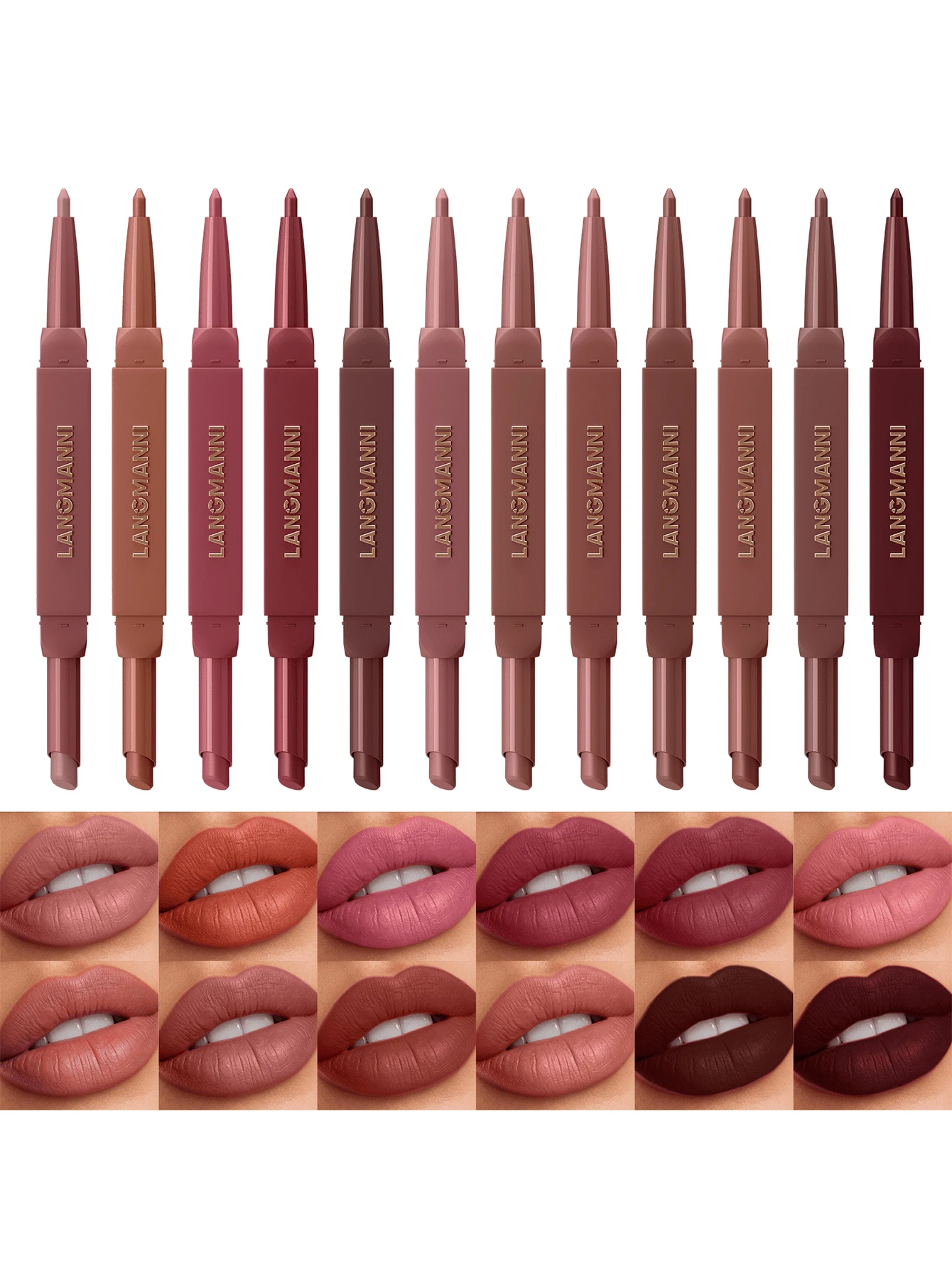 LANGMANNI Juego de 12 colores de lápiz delineador de labios y barra de labios 2 en 1, barra de labios mate y delineador de labios de doble extremo, maquillaje de labios resistente al agua y de larga duración para uso diario y de fiesta - 12 colores - Ver 1
