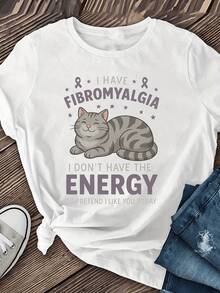 Smiling Gray Cat Resting Surrounded By Stars And Ribbons Symbolizing Strength Against Fibromyalgia With A Fun Message About Conserving Energy. Comfortable Casual Women's T-Shirt For Everyday Wear, Modern And Expressive. - 白色 - 查看 6
