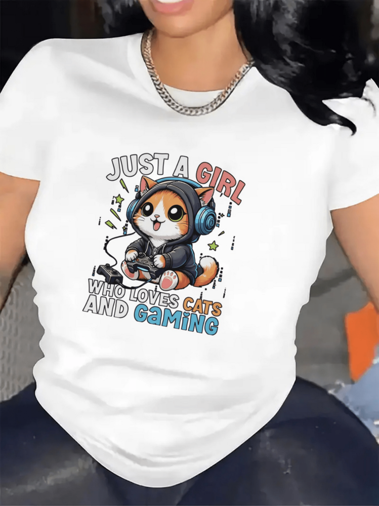 A Cat Wearing Headphones And Holding A Controller Symbolizes Fun, Love For Video Games, And Feline Cuteness. A Modern, Comfortable Women's T-Shirt For Everyday Wear. - 白色 - 查看 6