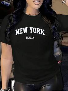 Large Lettering Celebrates The Modern Energy And Urban Freedom Of New York, Conveying Confidence And An Adventurous Spirit. Comfortable And Modern Women's T-Shirt For Everyday Wear. - 黑色 - 查看 8