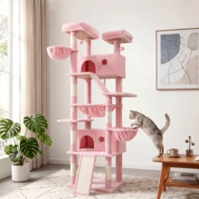 HOOMIC 81-Inch Large Cat Tree Tower For Indoor Cats, Multi-Level Cat Condo With Plush Perches, Sisal Scratching Posts, Cozy Basket, Dangling Pom-Pom Toys & Wide Stable Base, Platform Stabilizer, Pink - Pink - View 1