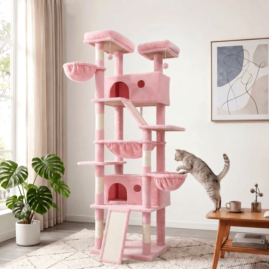 HOOMIC 81-Inch Large Cat Tree Tower For Indoor Cats, Multi-Level Cat Condo With Plush Perches, Sisal Scratching Posts, Cozy Basket, Dangling Pom-Pom Toys & Wide Stable Base, Platform Stabilizer, Pink - Pink - View 1