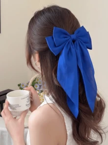 1件大號女款女孩用髮蝴蝶結夾，大尺寸絲滑緞面緞帶蝴蝶結髮夾，法式復古大髮夾，適合日常佩戴、派對、夏季海灘，髮爪髮夾 - 寶藍色 - 查看 4