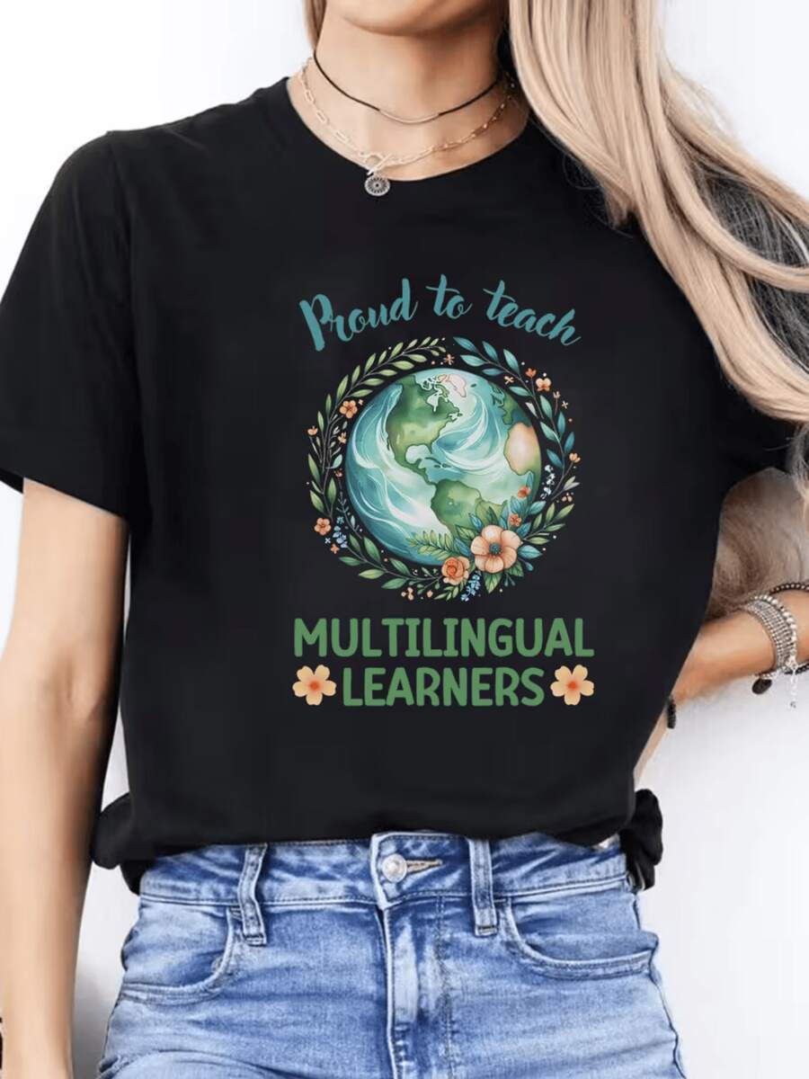 Planet Surrounded By Green Leaves And Flowers Symbolizing Cultural Unity And Pride In Teaching Multilingual Students With A Positive Educational Message. Modern Casual Women's T-Shirt - Black - View 1