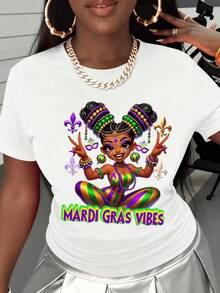 Colorful Figure With A Cheerful Woman In A Festive Pose Surrounded By Mardi Gras Symbols That Emit Positive Energy And Celebration; Modern Casual Comfortable Women's T-Shirt For Party And Summer - 白色 - 查看 8