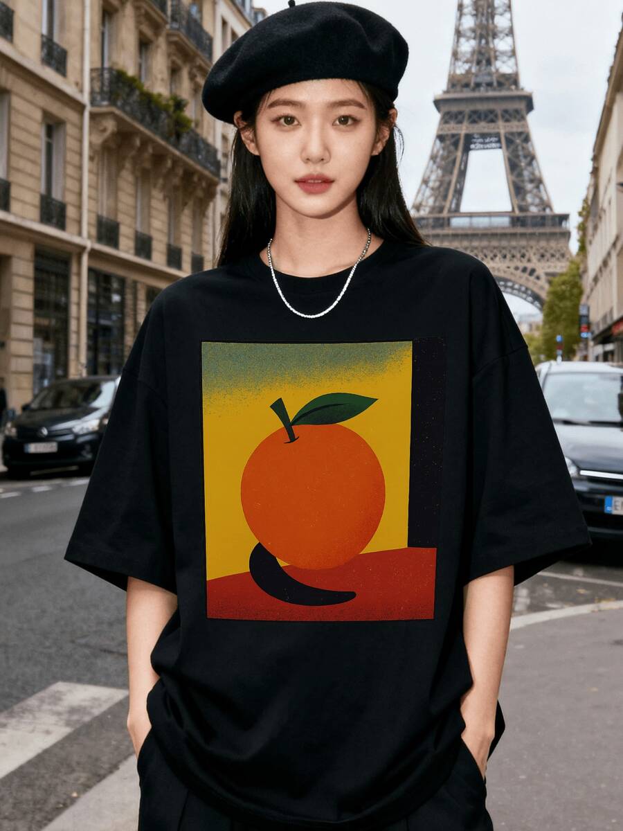 Camiseta de Frutas de Verano, Camisa WoDress para Mujer Talla Oversize Disponible en Cinco Tallas, Adecuada para las Cuatro Estaciones.Camiseta Casual de Cuello Redondo con Estampado Fresco de Naranja, Ligero Elástico, Manga Corta y Ajuste Regular para Uso Diario y S - Negro - Ver 1