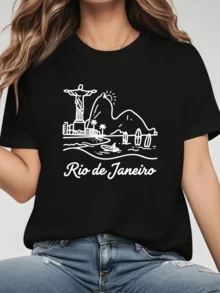 Rio De Janeiro Landscape With Christ The Redeemer In Front Of Mountains And Waves Representing Energy, Freedom And Tropical Charm. Elegant Casual Women's T-Shirt For Summer - 黑色 - 查看 1