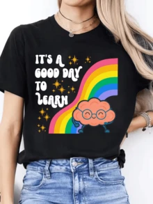 Bright Rainbow With A Smiling Brain Accompanied By Golden Stars That Inspire Positive Energy, Learning And Joy. Comfortable Casual Women's T-Shirt For Everyday Wear, Stylish And Modern. - 黑色 - 查看 8