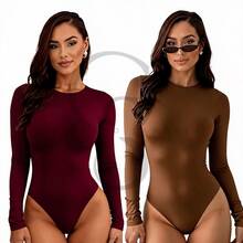 Set Of 2 Long-Sleeved Second Skin Bodysuits With Crew Neck, Plain Long Sleeves - 酒棕色 - 查看 1