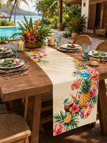 1pc-Hawaiian Pool Party Table Runner, Hibiscus Print Linen Table Runner, Suitable For Summer Luo Parties, Tiki Parties, Beach Weddings, Dining Tables, Coffee Tables, Indoor And Outdoor Party Supplies. - Multicolor - View 7