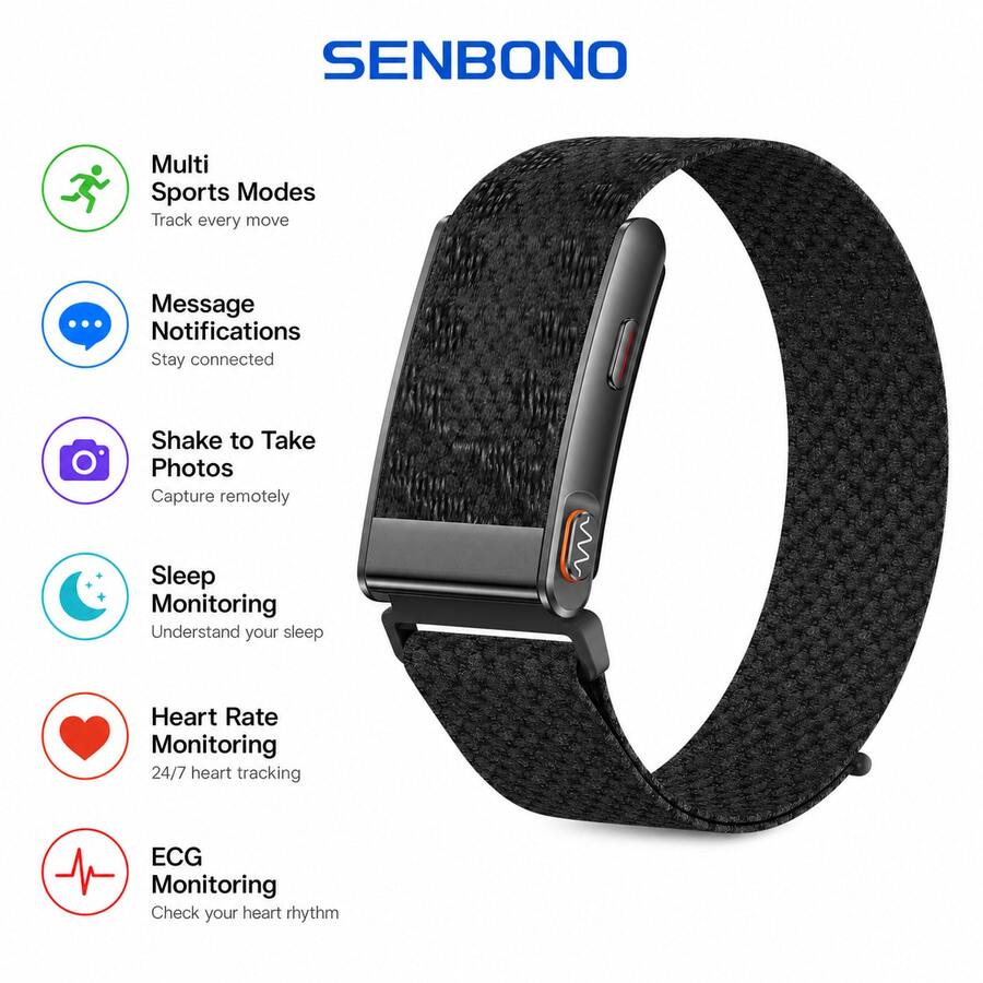 SENBONO ECG Smart Fitness Tracker, Supports Multiple Sports Modes, Heart Rate & Sleep Monitoring, Message Notifications, Shake To Take Photo Remote Camera Control - View 1