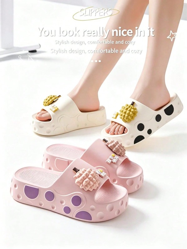 1 Pair Cartoon Durian EVA Lightweight Non-Slip Thick Sole Slippers, Suitable For Home, Bathroom, Commuting, Slip-On Design, Multi-Color Options For All Seasons